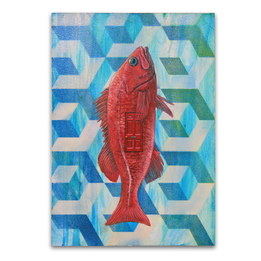 fish painting, surreal fish, fish art, geometric painting, small art
