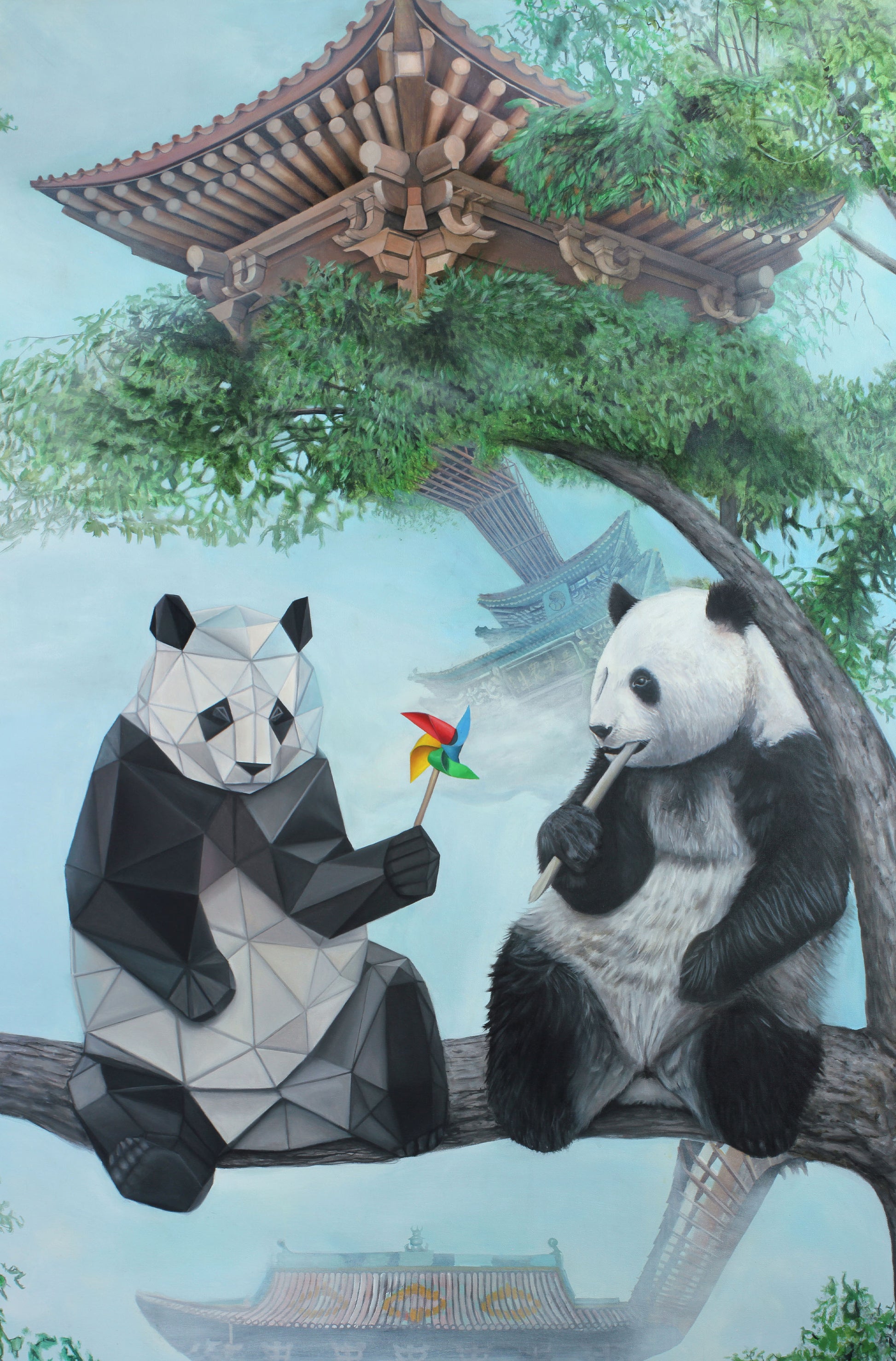 panda painting, panda art, panda surrealism, Chinese architecture, two panda painting