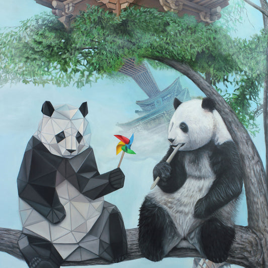 panda painting, panda art, panda surrealism, Chinese architecture