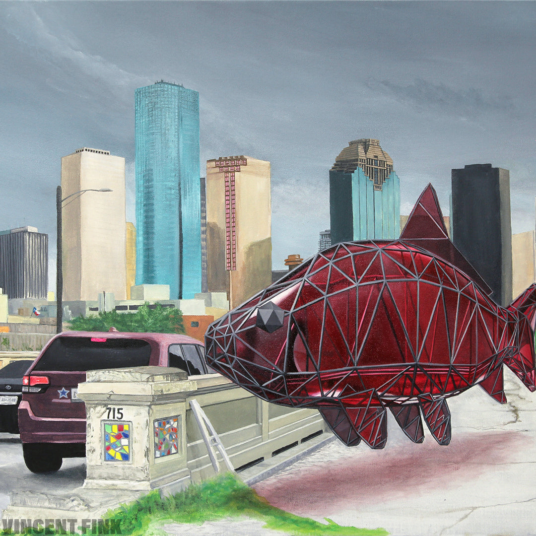 surrealism houston skyline art painting big red fish