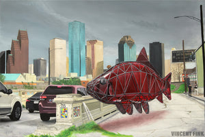 houston skyline, sacred geometry, red fish, protest art
