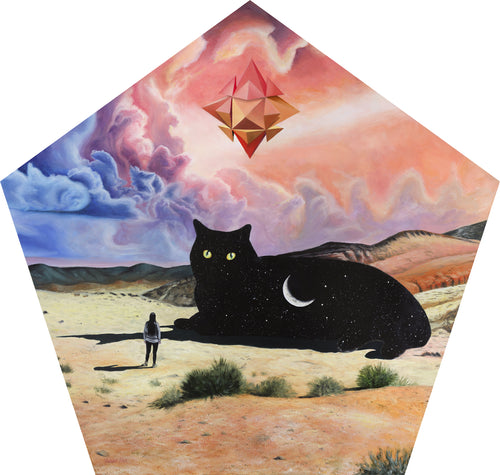 surrealism sacred geometry cat moon painting