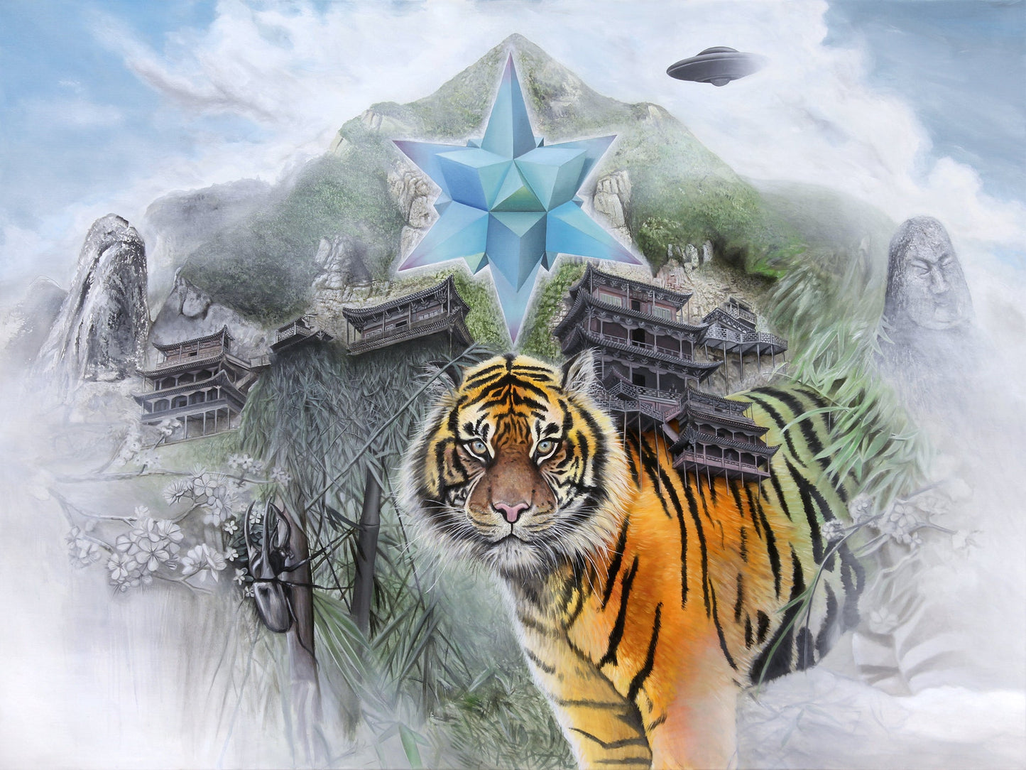 surrealism painting, tiger wall art, sacred geometry art print