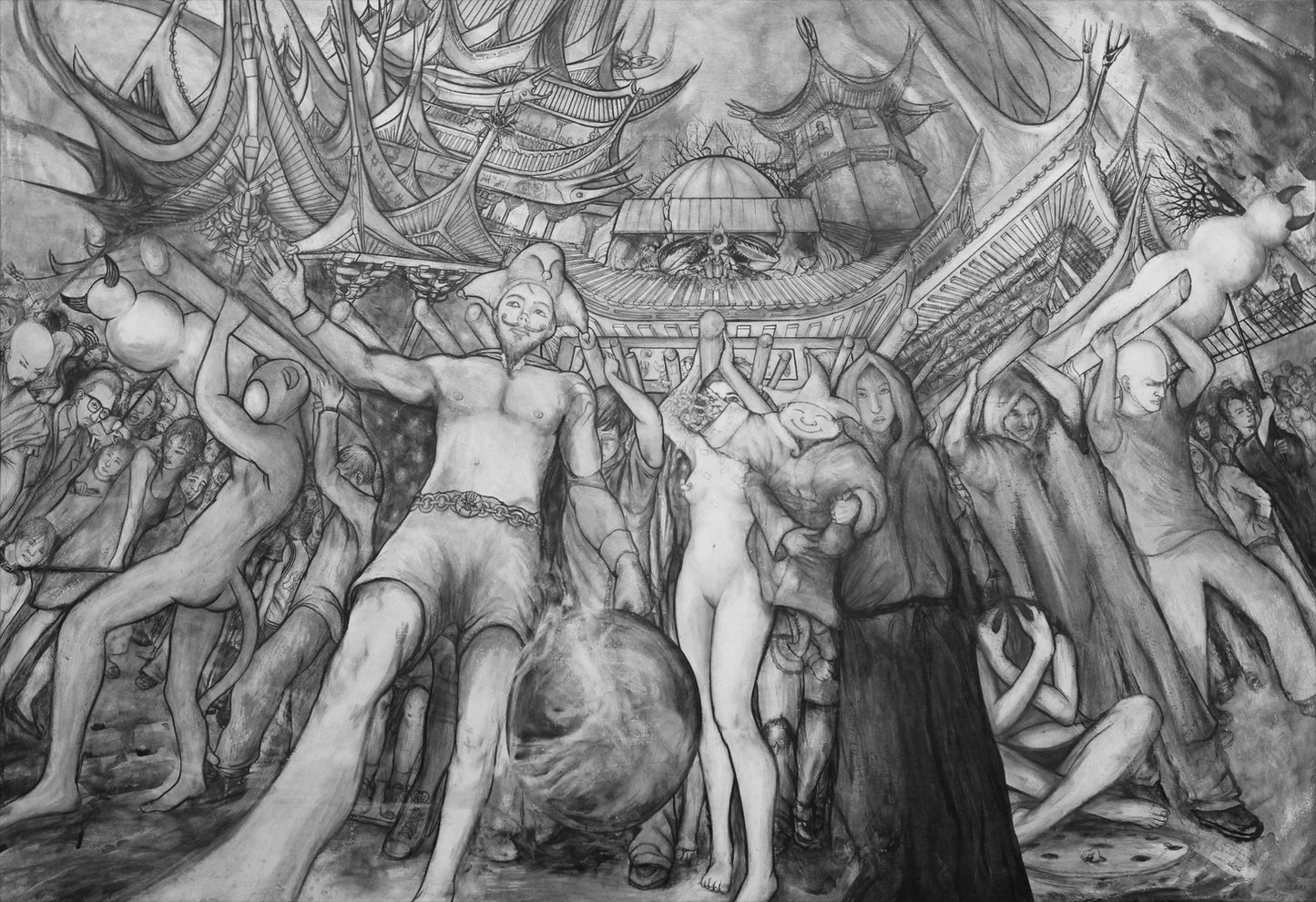 ancient asian Chinese architecture warped perspective drawing of lord worm celebration with crowded parade