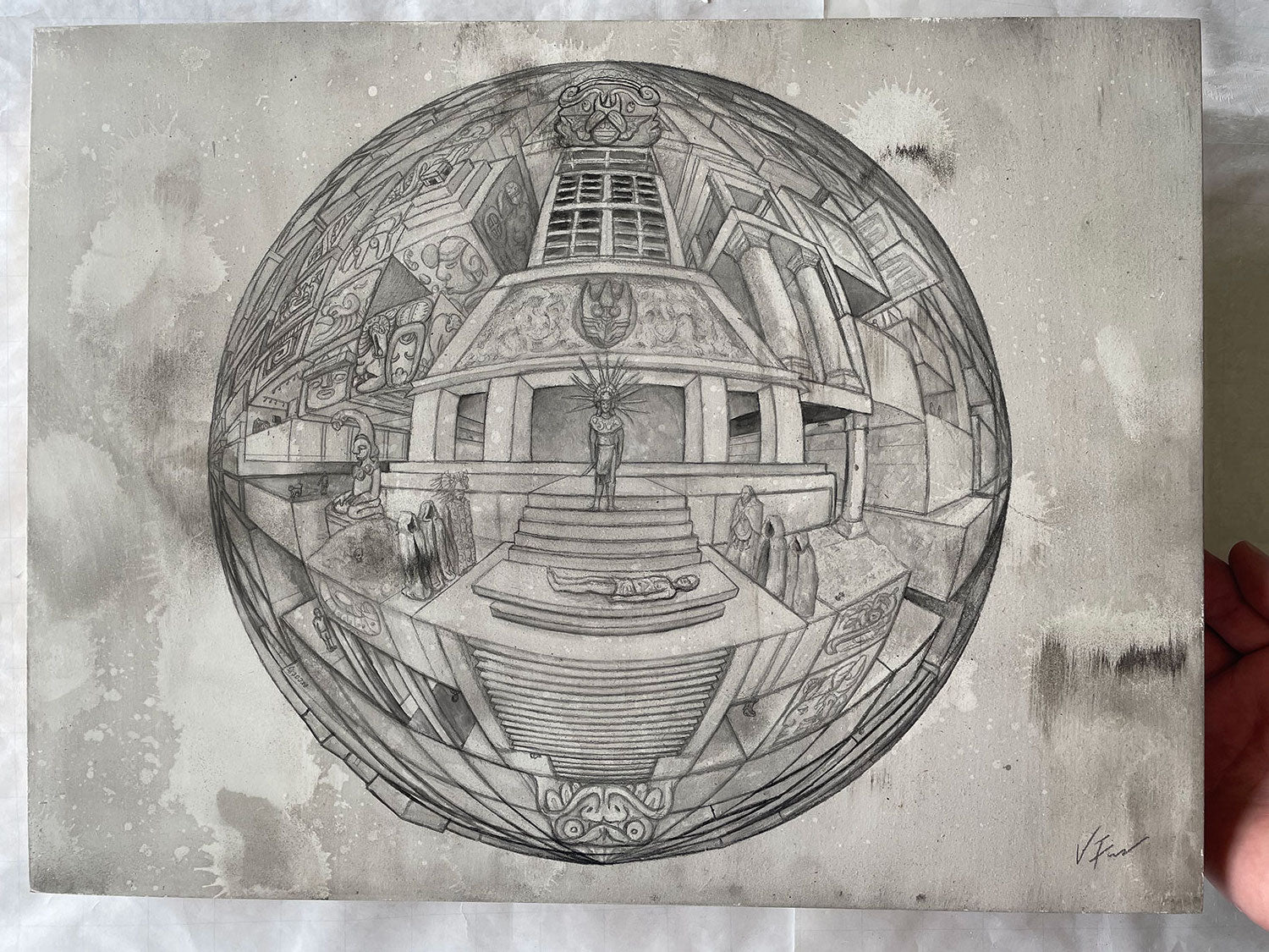 Soot stained artwork from arson fire bomb