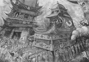 detailed illustrated sumi ink drawing of ancient Chinese architecture inspired by a dream